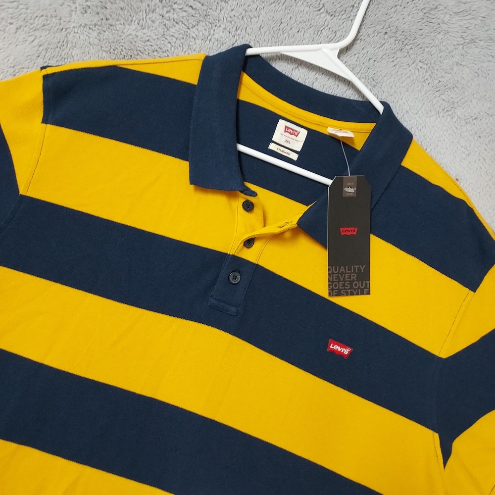 NEW Levis Polo Shirt Mens 3XL Striped Short Sleeve Cotton Yellow Blue Rugby Prep